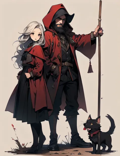 Little Red Riding Hood Girl and Uncle Hunt，Full body standing，Hunter holding the stick in his left hand on a blank background，girl white hair，Hunter wearing hat，Hunter Blackbeard，No puppies no animals