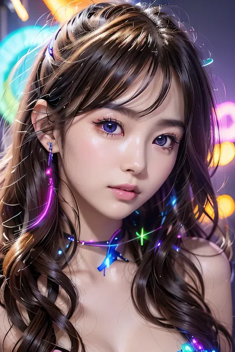 8k、((flying debris,highest quality))　、1 girl、bright colorful neon light background、glow in the dark、bioluminescent color glow、 b...