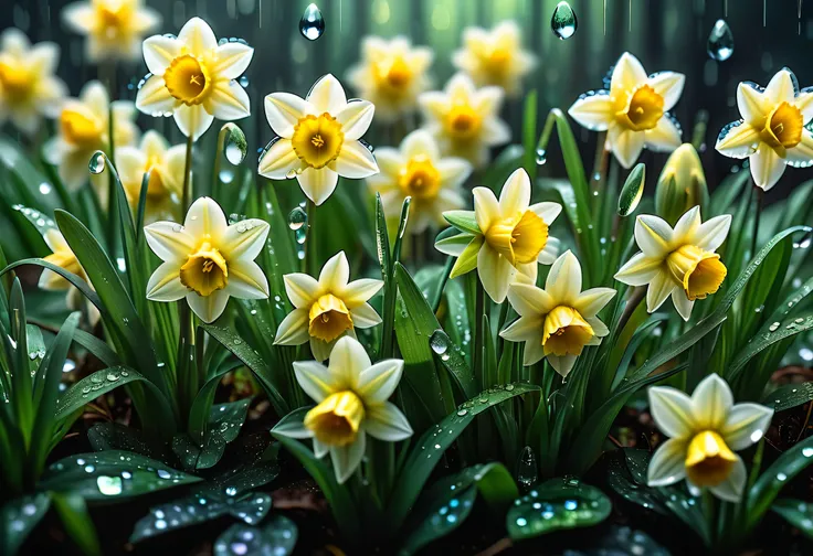 the spring sun casts a dazzling light on the wet grass, daffodils drooping slightly as if shedding tears of march, reflective pe...