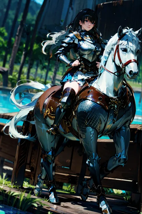 4k, masterpiece, solo, realistic, best quality, anime style, cinematic lighting, cinematic color, long hair, straight hair, {black hair}, dark blue eyes, large breast, riding on a running WHITE HORSE, BREAK, (white horse: 1.0, {white hair}, bridle, saddle,...