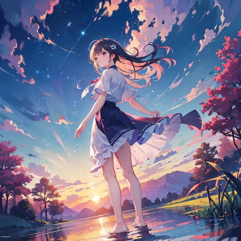 Official Art, Unified 8k wallpaper, Very detailed,  masterpiece, Best image quality，Ultra Wide Angle，evening，woman，Standing in the pond，water is like a mirror，Reflecting the sky。Looking up at the sky，(Colorful sunset)，Dynamic Angle, Grace, Bright colors,Su...