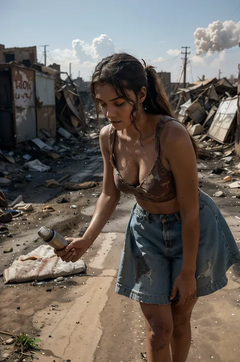 A girl in old dirty shabby clothes in the era of the apocalypse is looking for water in an abandoned area of the old city. there are stray dogs and smoke from fires around