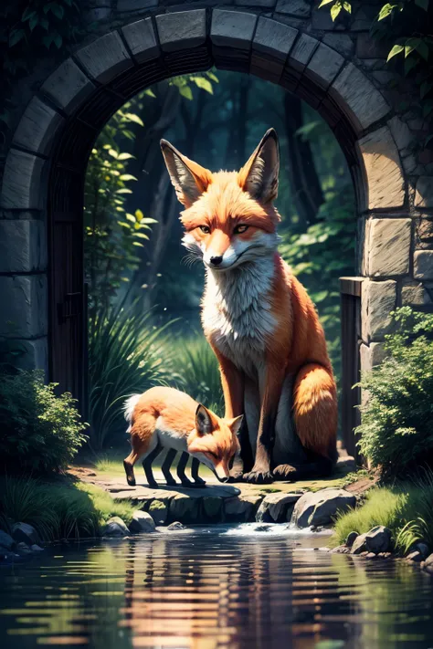 a beautiful magical pond with a fox drinking from it