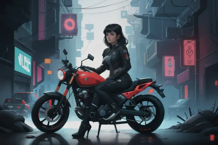 Cyberpunk woman in a cyberpunk world, sit on motorcycle