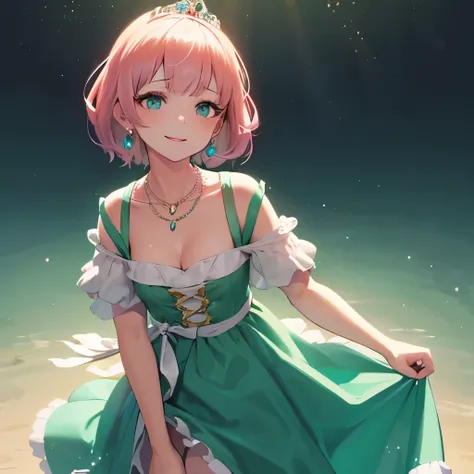 super detailed:1.2, cowboy shot, standing, princess, [pink hair:silver hair:0.5], short hair, wavy hair, tied hair, green princess dress, cleavage, small breasts, holding the skirt with both hands, princess tiara, puffy eyes, green aqua eyes, earrings, nec...