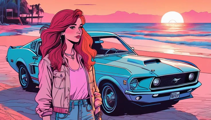 2d drawing, a red-haired woman in casual clothes stands next to her 1969 Mustang in a beach setting in the background with a sunset, image inspired by synthwave style, highly detailed and intricate details, pastel colors, image with a cinematic style, vect...