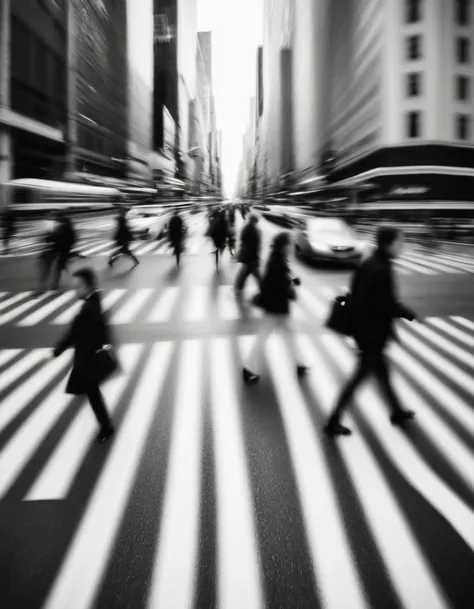 motion blur, black and white close-up, (people in a hurry at a city intersection), crosswalk, professional fashion photography, ...