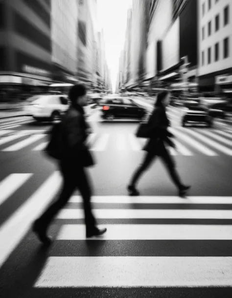 motion blur, black and white close-up, (people in a hurry at a city intersection), crosswalk, professional fashion photography, ...