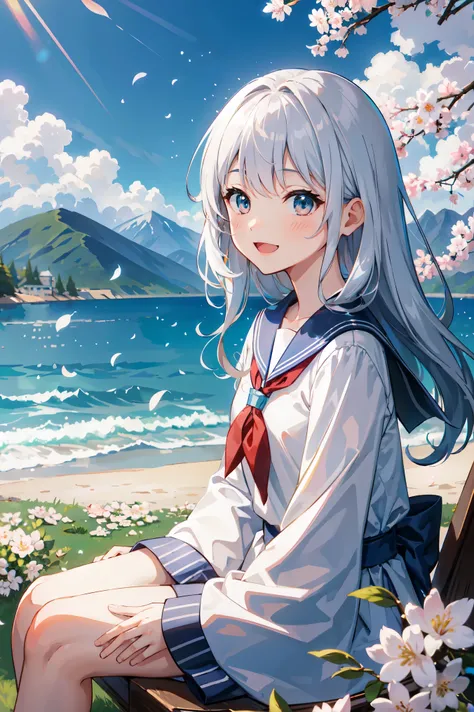 (masterpiece),  scenery,  Mountain Horizon,  cherry blossoms,  petal,  Particles of light,  Upper Body,  One girl,  Sailor,  Wavy Hair,  floating hair,  smile,  Sitting,  Open your mouth,  Particles of light,  Silver Hair,  Aqua Eye,  View your viewers,  F...