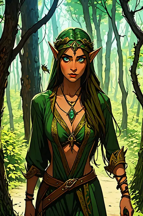 In a mystical forest, an elf is bound tightly by twisting vines, her back pressed against the rough bark of a towering tree, sinister monsters lurking in the shadows, their eyes fixed on her with hunger and malice, the scene bathed in an eerie, otherworldl...