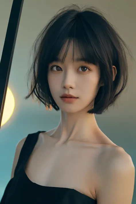 ((best quality，masterpiece:1.3))，sharp:1.2，Perfect body beauty:1.4，((Layered Hairstyle))、(Black long skirt:1.1)，(darkroom:1.2)，Highly detailed face and skin texture，Delicateeyes，(clavicle:1.3)，Double eyelids，((short hair))，childish，Beach at sunset，Break，cl...