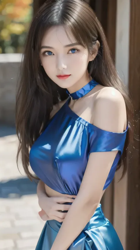 1 female々,white glossy skin, Age 25, A small, elegant face, Red lips, Parted lips, ( Hair parted to one side:1.5), blue eyes, smile, Elegant young woman, Shiny hair, choker,（Blue silk blouse :1.3)（Silver metallic silk pleated skirt :1.3), (Blue pumps:1.2),...