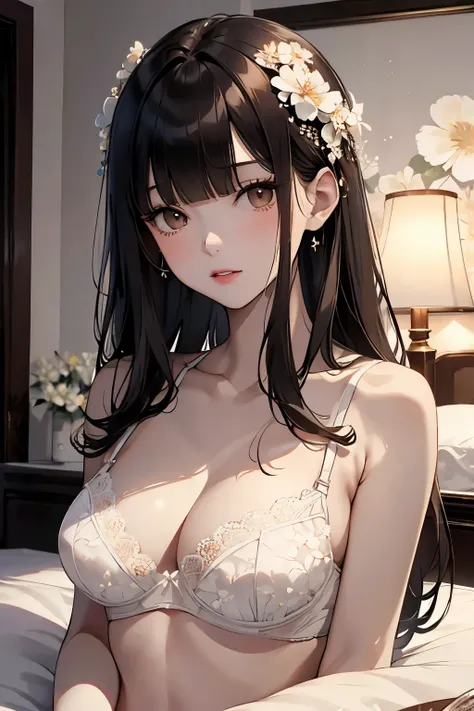 best quality, highres,Slender、Brown eyes、tall、Black Hair、(Bangs:1.3)、(semi-long:1.3),Straight Hair、Luxury Hotel、(White floral bra:1.4)、On the bed、Dark Room、night、Embarrassed、Chest pressed together