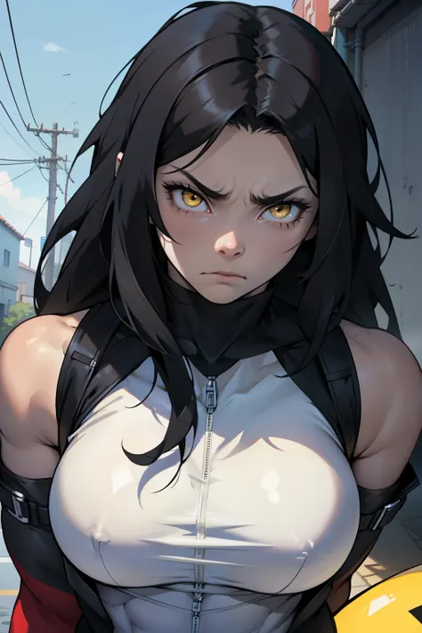 ((muscular girl)) black hair yellow eyes pale skin long hair looking down looking ate viewer detailed eyes sad frown large breasts