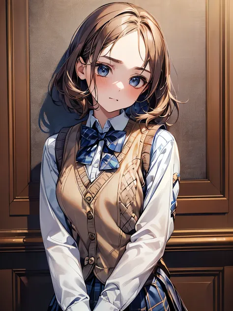 1 girl, Solo, Cute Girl, 16 years old, Best Quality, Ultra-detailed, 8K, High resolution, Detailed face, light brown hair, bob hair, (((tareme:1.5, downer))), (((school uniform, knitted vest, dark blue vest, bowtie, long sleeve shirt, pleated skirt, plaid ...