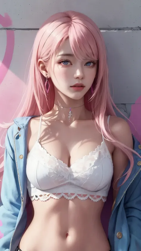 (masterpiece, best quality, 1girl, solo, intricate details, chromatic aberration), realistic, ((medium breath)),long hair, pink hair, red head ornament, pink highlights, hair over one eye,purple eyes, earrings, sharp eyes, choker, neon shirt, open jacket, ...