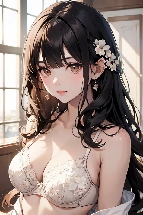 best quality, highres,Slender、Brown eyes、tall、Black Hair、(Bangs:1.3)、(semi-long:1.3),Straight Hair、Luxury Hotel、(White floral bra:1.4)、On the bed、Dark Room、night、Embarrassed、Chest pressed together、Large Breasts