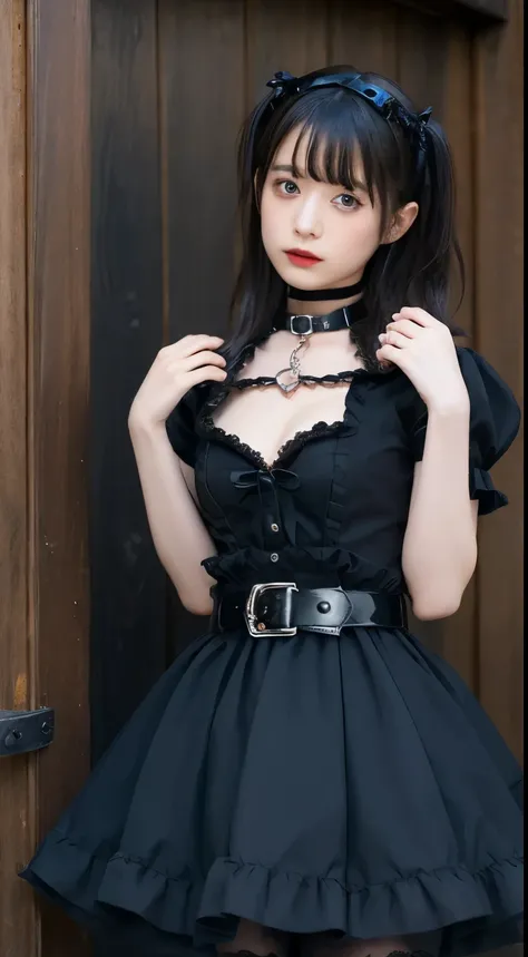 Seductive face、Looking into the distance、Gothic Lolita Outfit,((Wearing a pet collar on a belt)),slave