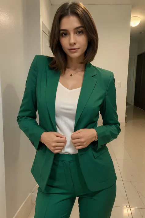 mulher de 30 anos com roupa, blazer, roupa social, empoderada, cabelos castanhos e olhos verdes