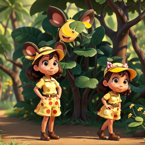 Minnie Mouse, with her whole body adorned in safari-style clothes of vibrant yellow hue, stood proudly in the Disney-esque setting. The sun was beginning to set, casting a warm glow on her cheery outfit, consisting of a yellow jumpsuit with large pockets, ...