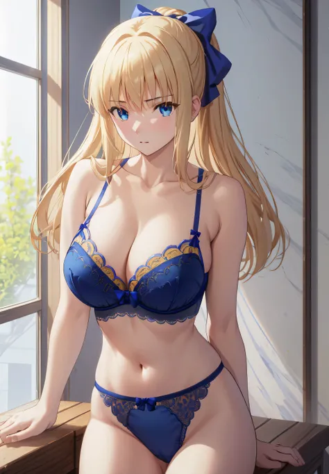 masterpiece、highest quality、High resolution、Anime Women、solo、blue bow、Blue bra、Blue Panties、Big Breasts、cleavage、woman with very large breasts、collarbone、Hair Bun、bra with an blue、panty with an blue、Upper Body、blue bra with a yellow lace trim and blue pant...