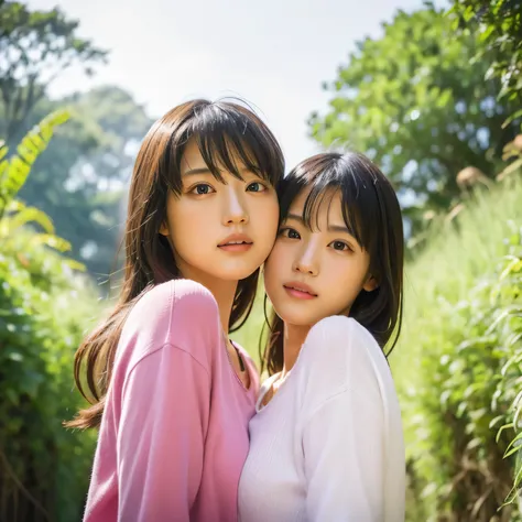 identical twin sisters、(highest quality, High resolution, masterpiece, realistic:1.2),(HDR, Bright colors),2 girls, Japanese, not wearing anything, big , slender and slender body, beautiful face, detailed facial features, pose for a photo,outdoor, professi...