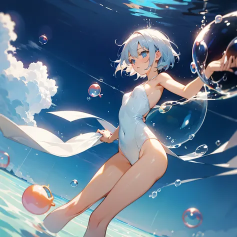 kawaii, anime style,masterpiece, best quality, ultra delicate, images of beautiful girls floating in soda, cider personification, 1girl, solo, age 16, a cool girl who is lovely, cute and ephemeral like a fairy. short silver hair and beautiful blue eyes, sm...