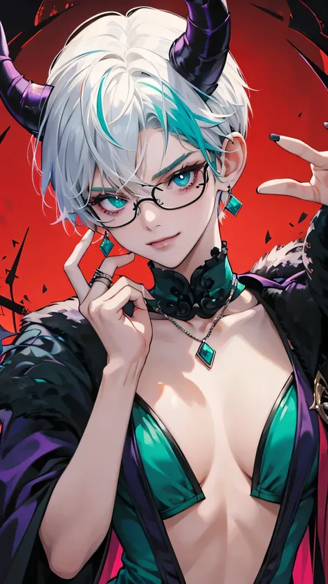 8k, masterpiece, best quality, highly detailed, 1girl, tiefling,  solo, multicolored hair, very short straight hair green highlight hair on white hair, strippled hair, wearing glasses, earrings, necklace, mole, glamorous, purple and teal clothing, villainy...