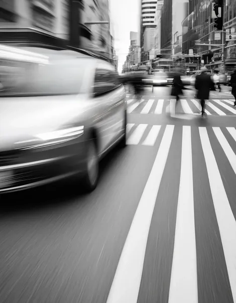 motion blur, motion blur, black and white close-ups, (people in a hurry at a city intersection), crosswalk, professional fashion...