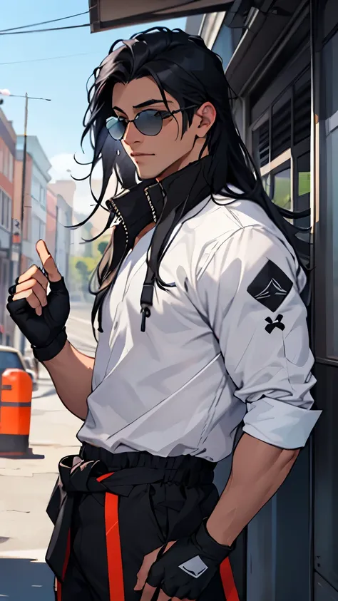 ((male)), black hair, (combed back meduim length hair), sunglasses, black fingerless gloves, outside