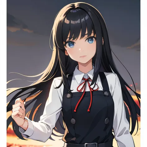 black apron dress, red ribbon, black hair, straight hair, half long hair, blue eyes, best eyes, the best face, anime nose, anime...