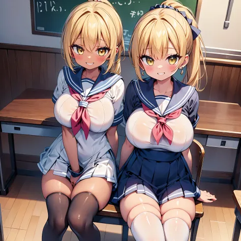 highest quality,wonderful,finely,extremely detailed CG Unity 8K wallpaper, (1 Girl,blonde, Yellow Eyes, Low Ponytail, Scrunchie, Earrings、Wicked Smile), (Grin:1.1), ((Brown Skin:1.2), (huge breasts:1.1),(sailor uniform:1.3), (zettai ryouiki:1.4),Sit on a c...