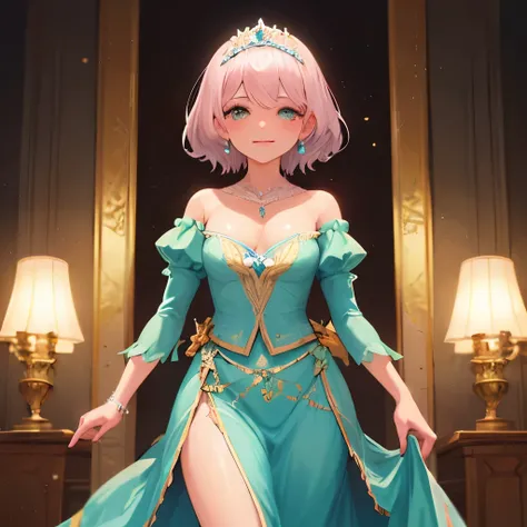 super detailed:1.2, cowboy shot, standing, princess, [pink hair:silver hair:0.5], short hair, wavy hair, tied hair, green princess dress, cleavage, small breasts, holding the skirt with both hands, princess tiara, puffy eyes, green aqua eyes, earrings, nec...