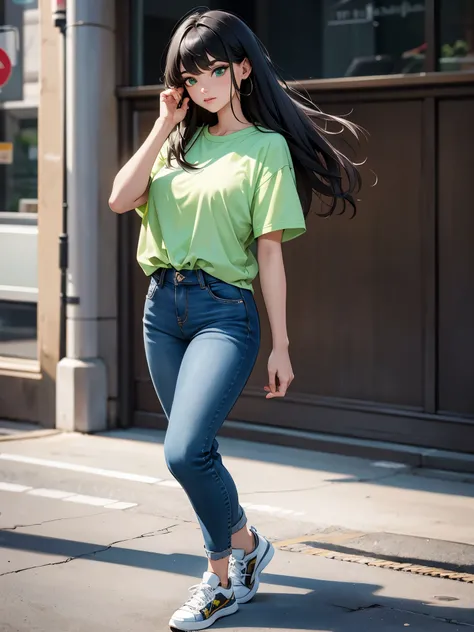 masterpiece, highest quality, solo, solo focus, (perfect face:1.1), (high detail:1.1), 1gire. age 26, street brawler, los angeles street backdrop, (black hair, long hair, side-swept bangs), green eyes, green striped t-shirt, blue jeans, sneakers, walking, ...