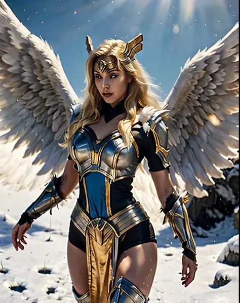 solo, beautiful adult woman, high quality, best quality, highres, high detail,  dr34m, standing, yellow hair, epic fantasy Valkyrie warrior, ((glorious, aureate)), Gold and Silver majestic armor, decorated,(winged helmet), (angel wings),celestial backgroun...