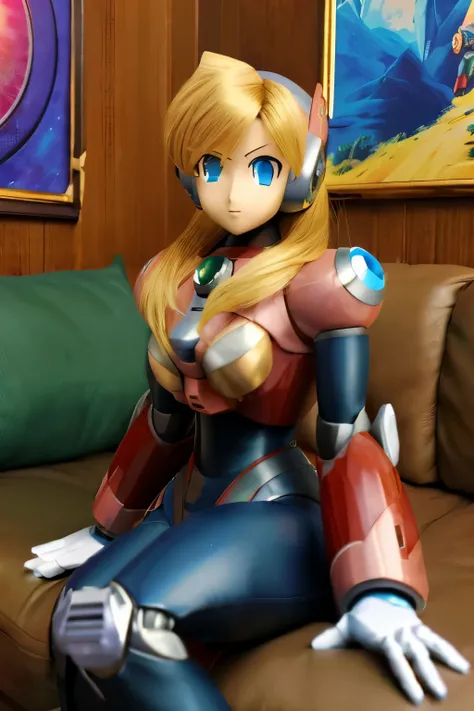 (insanely detailed, beautiful detailed face, masterpiece, best quality) robot woman, reploid, alia (megaman x), blond hair, at home, sitting on couch, empty eyes, hypnotized, pendulum