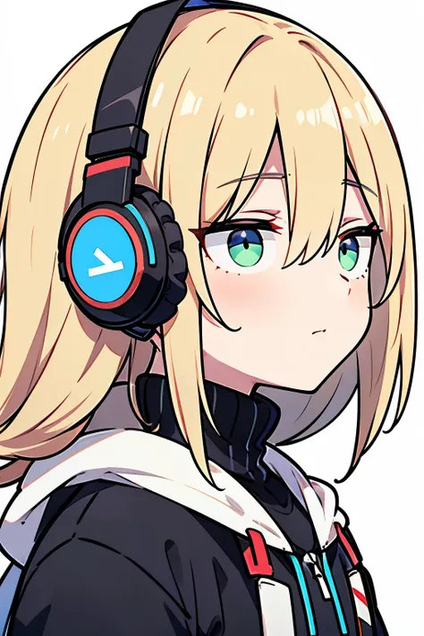 ((highest quality)), ((masterpiece)), (be familiar with), perfect face,white half-up hair,green mesh blonde、cool black hoodie,headphones,black gloves,turtleneck,alone,icon、profile、Right beside、Expressionless、tobacco、