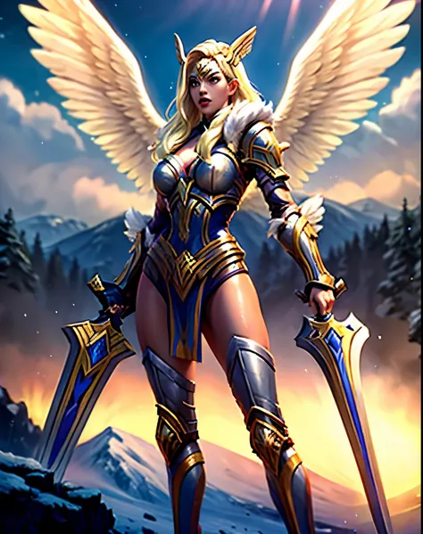 solo, beautiful adult woman, high quality, best quality, highres, high detail,  dr34m, standing, yellow hair, epic fantasy Valkyrie warrior, ((glorious, aureate)), Gold and Silver majestic armor, decorated,(winged helmet), (angel wings),celestial backgroun...