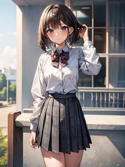 1 girl, Solo, Cute Girl, 13 years old, Best Quality, Ultra-detailed, 8K, High resolution, Detailed face, dark brown hair, bob hair, (((tareme:1.5, downer))), (((school uniform, white collared shirt, bowtie, pleated skirt, gray skirt, plaid skirt, long skir...