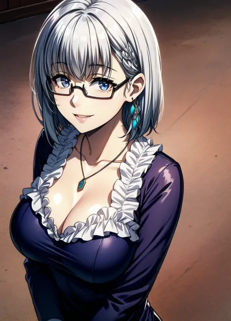 1girl, alternate_costume, bespectacled, closed_mouth, collarbone, glasses, jewelry, necklace, pendant, semi-rimless_eyewear, short_hair, silver_hair, smile, solo, under-rim_eyewear, upper_body, large breast
