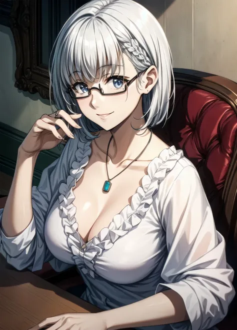 1girl, alternate_costume, bespectacled, closed_mouth, collarbone, glasses, jewelry, necklace, pendant, semi-rimless_eyewear, short_hair, silver_hair, smile, solo, under-rim_eyewear, upper_body, large breast
