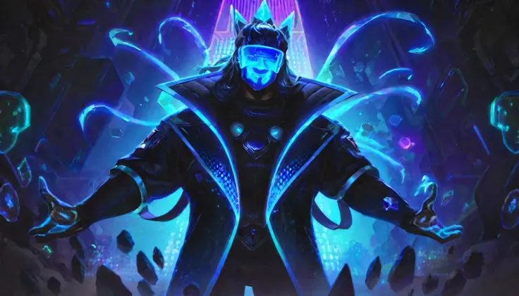 best aesthetic, lolsplashart, man wearing a futuristic neon black suit jacket with the collar glowing blue, plain black futuristic mask with glowing blue eyes, glowing shades of blue and purple, long glowing light cyan thick hair, floating glowing light cy...