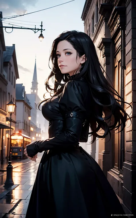 (Emmy Rossum:Evangeline Lilly) An ultra detailed, a beautiful goth girl with long straight hair in a short black dress is walking through a gothic city, moonlight, gothic fashion, dark fantasy style, hyper realistic, realism, digital art, cinematic, perfec...