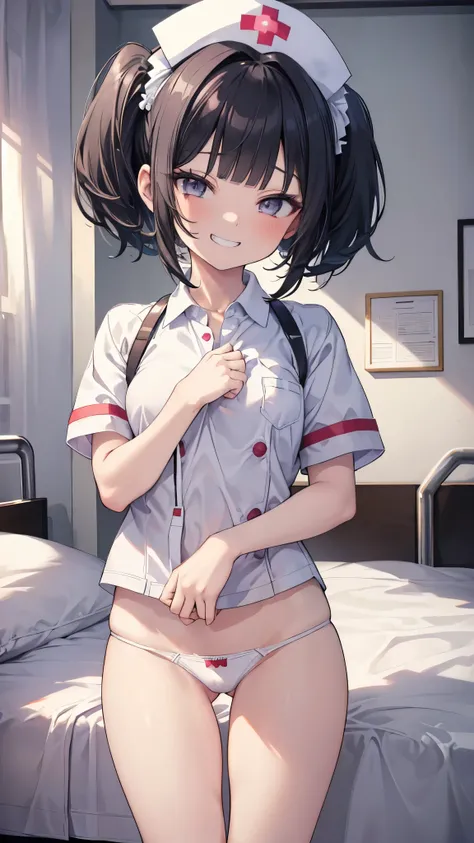 (8K、Highest quality、highest quality、masterpiece)、Detailed face、One girl、 Black Hair、short hair、twintails、blunt bangs、Grey Eyes、evil smile、((Grin))、Small breasts、Nurse cap、((nurse uniform))、((open legs))、((white panties))、Cowboy Shot、On the bed、Hospital roo...