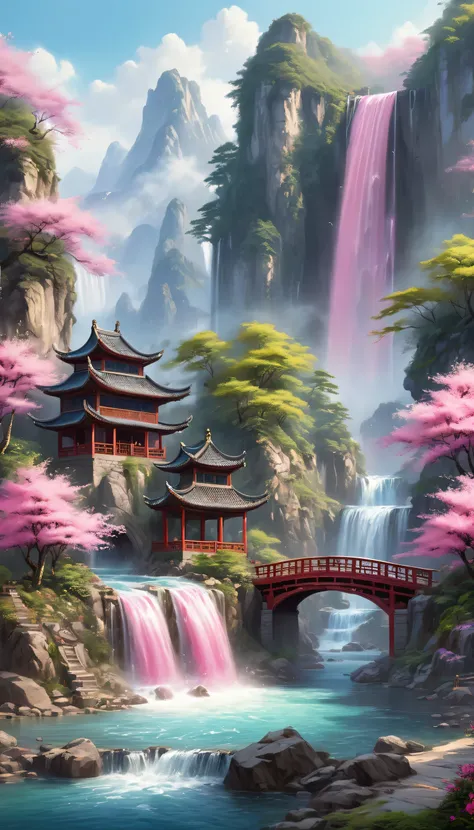 painting of a mountain with a waterfall and a bridge in the middle, an ultrafine detailed painting by Li Song, trending on cg society, fantasy art, pink waterfalls, scenery art detailed, beautiful art uhd 4 k, 4k highly detailed digital art, detailed paint...