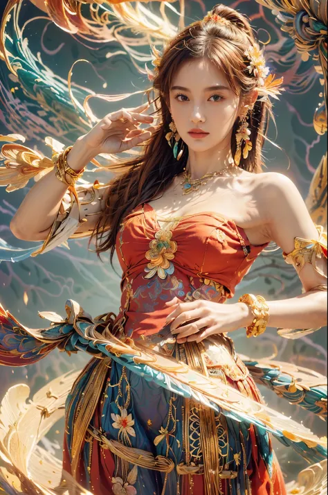 (masterpiece, top quality, best quality, official art, beautiful and aesthetic:1.2), (1girl:1.3), extremely detailed,(fractal art:1.1),(colorful:1.1)(flowers:1.3),highest detailed,(zentangle:1.2), (dynamic pose), (abstract background:1.3), (shiny skin), (m...