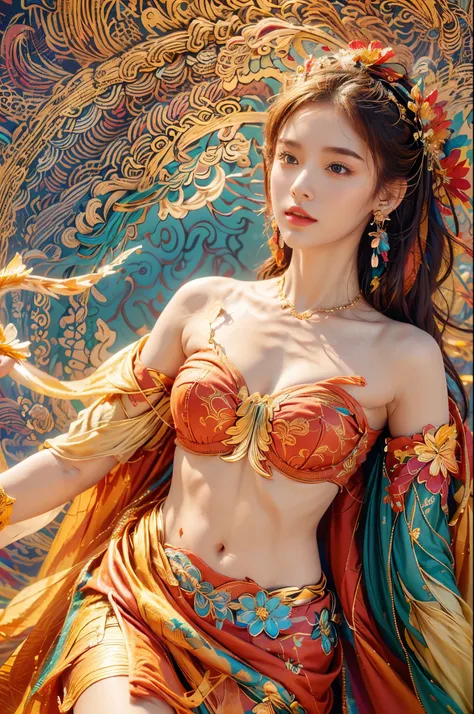 (masterpiece, top quality, best quality, official art, beautiful and aesthetic:1.2), (1girl:1.3), extremely detailed,(fractal art:1.1),(colorful:1.1)(flowers:1.3),highest detailed,(zentangle:1.2), (dynamic pose), (abstract background:1.3), (shiny skin), (m...
