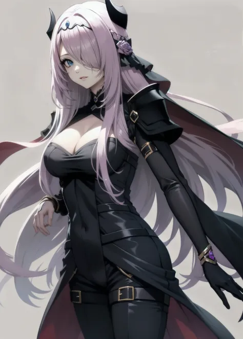 victoria horns, tiara, veil, black bodysuit, shoulder armor, long sleeves, cleavage cutout, black gloves, black overskirt, black pants
