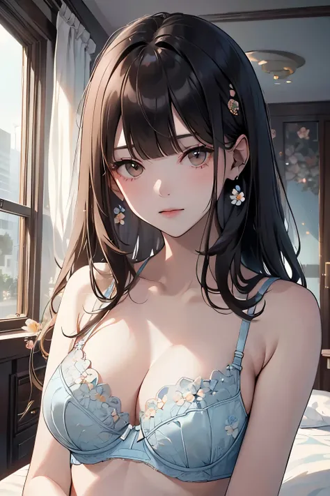 best quality, highres,Slender、Brown eyes、tall、Black Hair、(Bangs:1.3)、(semi-long:1.3),Straight Hair、Luxury Hotel、(Floral light blue bra:1.4)、On the bed、Dark Room、night、Embarrassed、Chest pressed together
