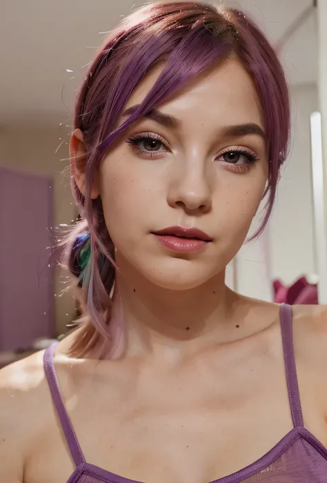 purple and pink hair, small nose, red lips, thin eyebrows